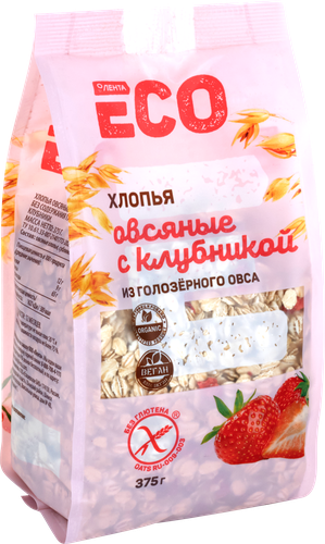 

Хлопья овсяные безглютеновые ЛЕНТА ECO с клубникой, из голозерного овса