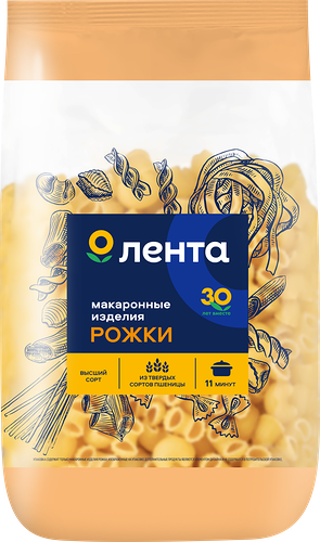 Макароны ЛЕНТА Рожки группа А, высший сорт, 450г