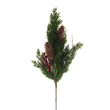 Декоративное украшение «Ветка ели с шишками и красными ягодами», Dalian All Bright, 42 см, Китай
