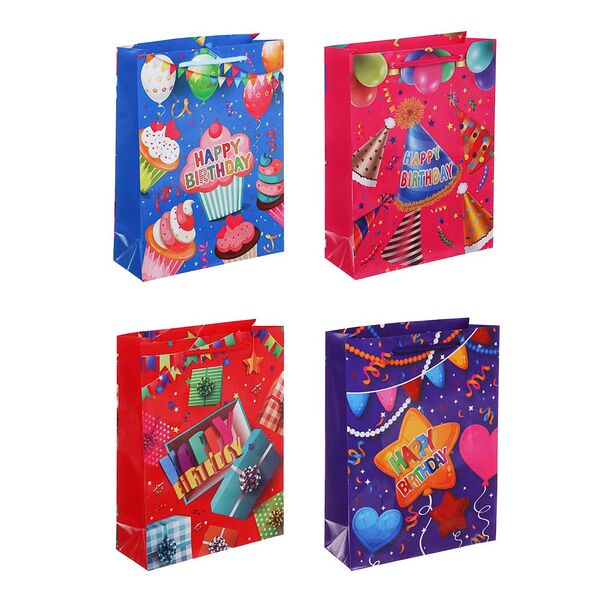 Ladecor пакет подарочный бумажный, 18x24x7 см, 4 дизайна, с днем рождения, в ассортименте