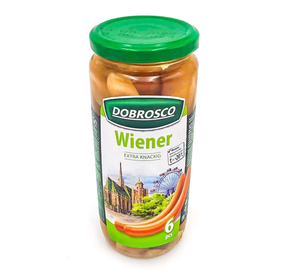 

Колбаски свиные Wiener стерилизованные, 6 шт., 810 г, Dobrosco, Россия