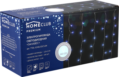 

Электрическая гирлянда HOMECLUB PREMIUM Занавес 240LED 2,2x1,5м, холодный белый, 12 режимов, таймер, IP44