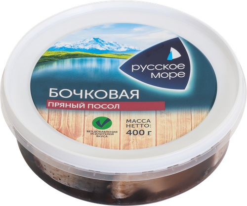 

Сельдь Тихоокеанская пряного посола Русское море Бочковая жирная, кусочки, 400 г