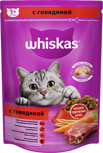 Корм сухой для взрослых кошек WHISKAS Вкусные подушечки с нежным паштетом, Аппетитный обед с говядиной, 350г