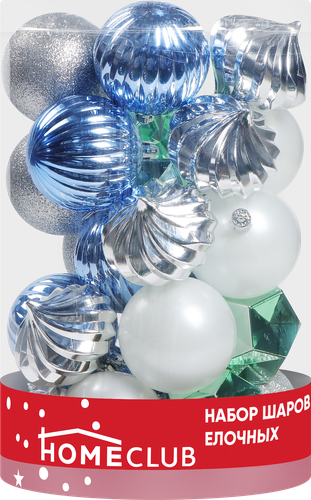 

Набор шаров елочных Homeclub диаметр 6 см разная фактура 25 шт.: жемчужный, мятный, серебро