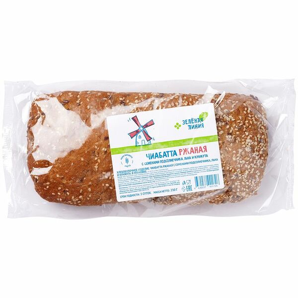 Чиабатта Ржаная с семенами подсолнечника льна и кунжута Зелёная Линия, 230г