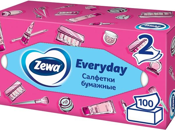 Салфетки бумажные Zewa Everyday косметические 2 слоя 100шт