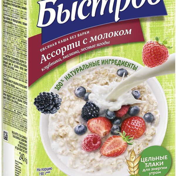 Каша овсяная Быстров Ассорти с молоком Клубника, малина, лесные ягоды без варки, 6×40 г