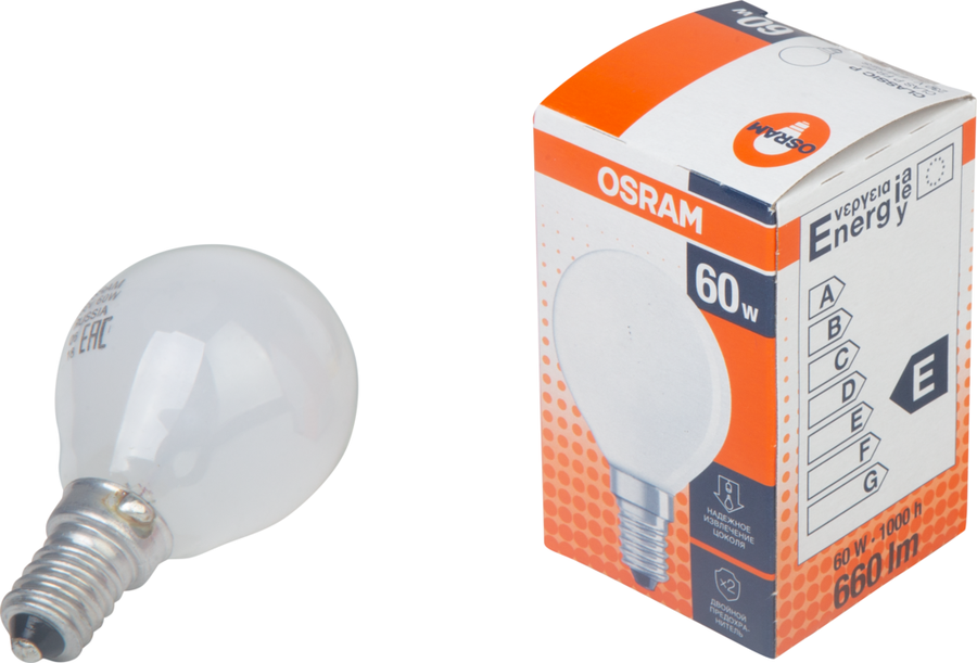 

Лампа накаливания Osram шар, 60Вт, Е14 матовая