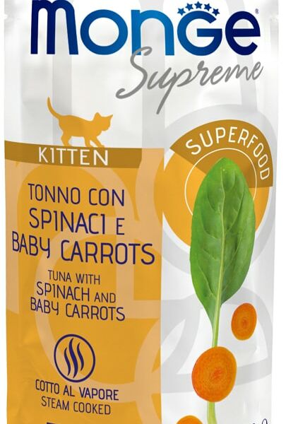 Влажный корм для котят Monge Supreme kitten из тунца со шпинатом и мини-морковью 80г