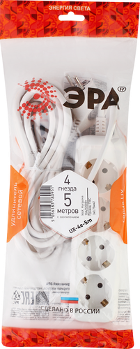

Удлинитель электрический ЭРА UX-4e-5m с заземлением, 4 розетки, 5м, ПВС, 3x0,75мм2, 10А Арт. Б0038580