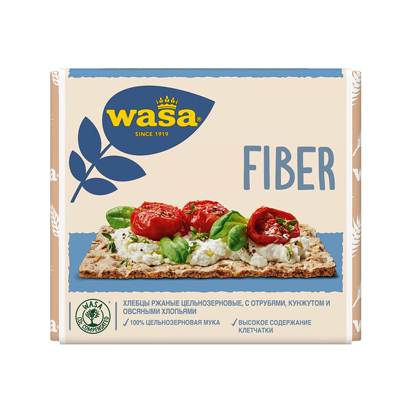 Хлебцы ржаные цельнозерновые Wasa Fiber с пшеничными отрубями, кунжутом и овсяными хлопьями