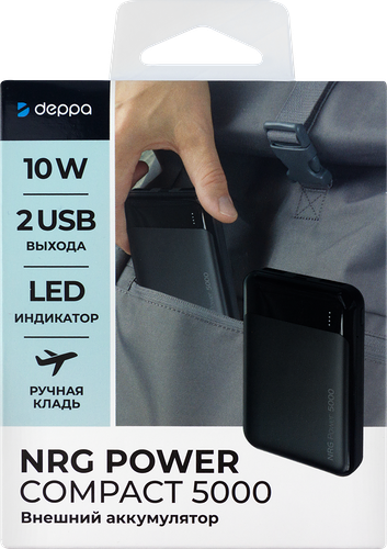 Внешний АКБ DEPPA NRG Power 5000 мАч, 2A, 2xUSB, компактный, черный, Арт. 33629