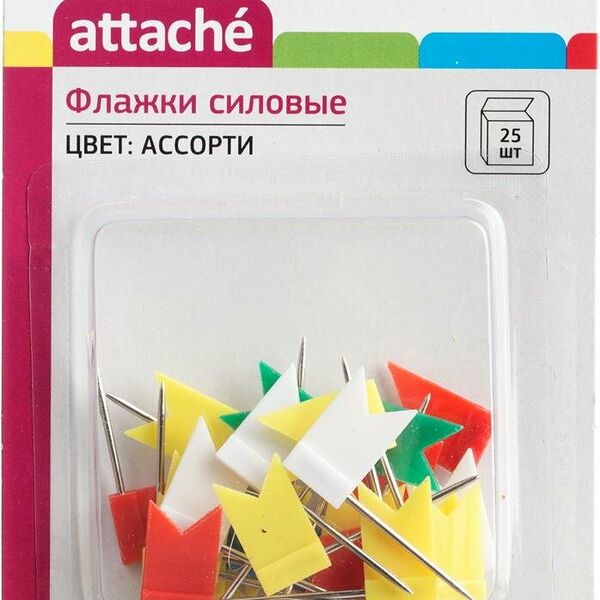 Кнопки силовые д/пробковых досок Attache ФЛАЖКИ,пластик,европ,ассор,25шт/уп
