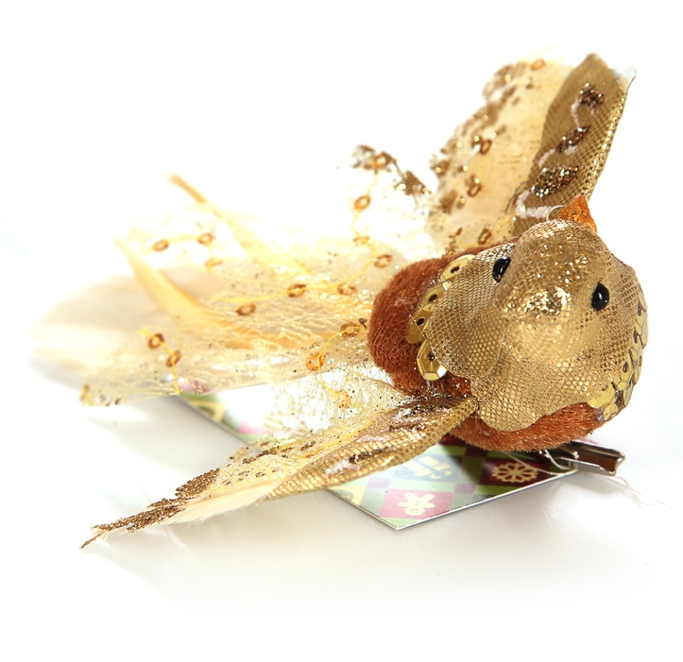 

Декор для елки на прищепке Коллекция Традиции Птичка летящая с перьевым хвостом золото 16 см