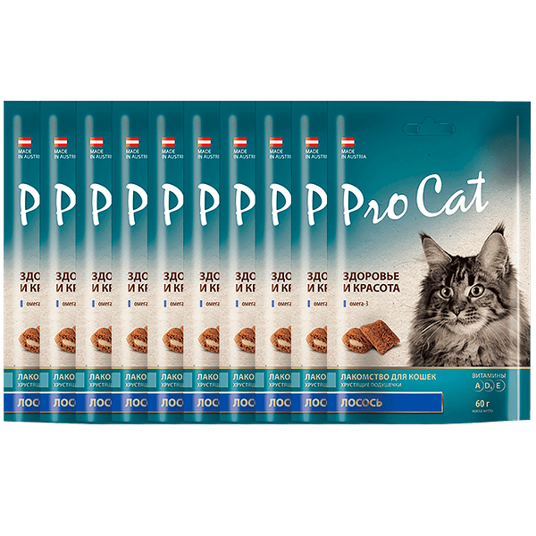 Лакомство для кошек PRO CAT Подушечки  Здоровье и красота  с Лососем 60г (упаковка - 10 шт)