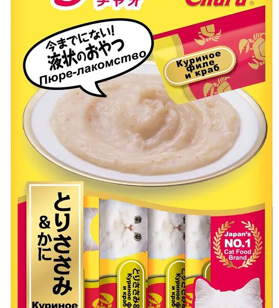 Inaba Лакомство для кошек Inaba Ciao Churu Куриное филе с японским крабом, пюре 14г*4шт
