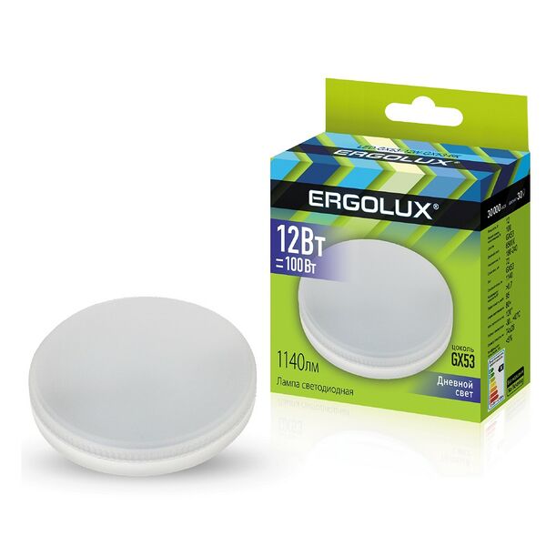 Лампа светодиодная ERGOLUX, GX53, 12 Вт, 6500К, 180-280 В