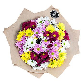 Букет из 15 хризантем микс в крафте, «Ирис», Эквадор