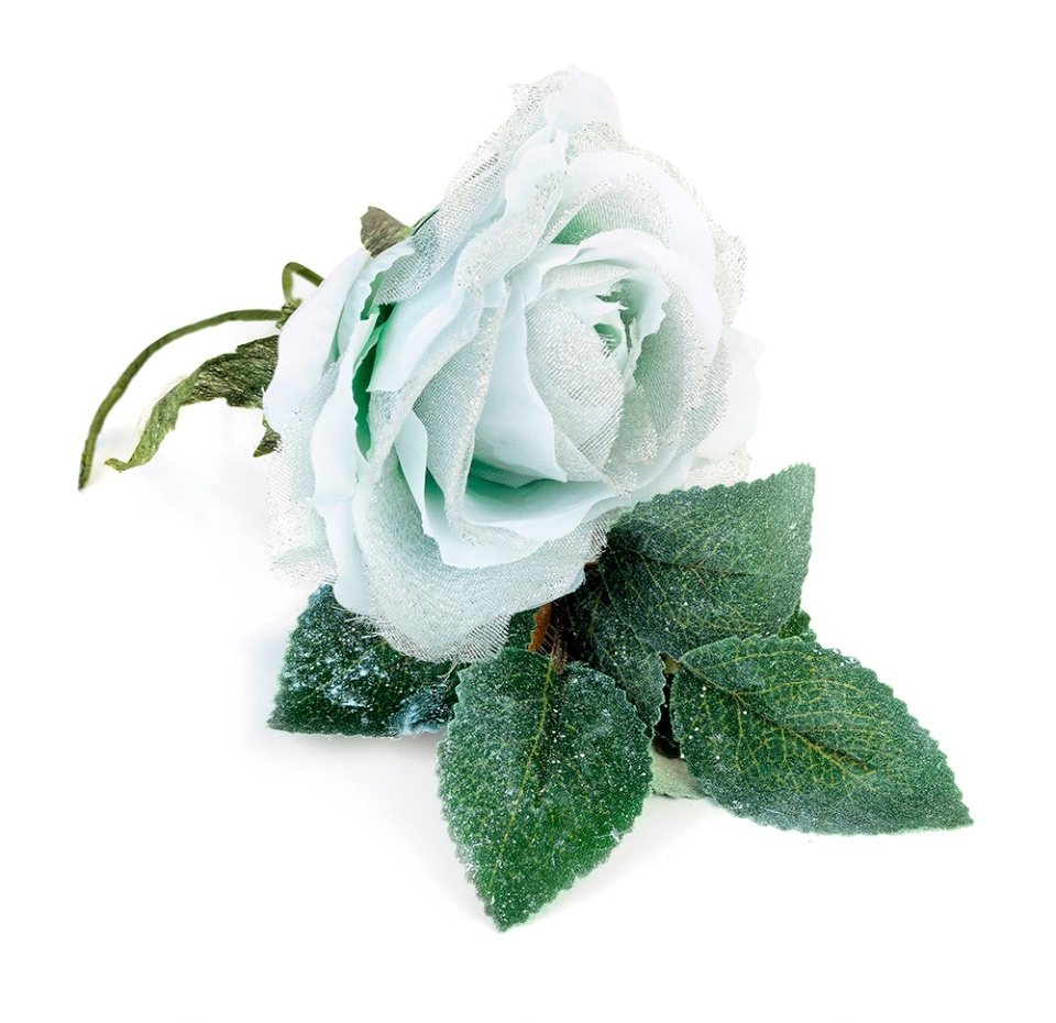 

Декор для елки Роза с листом белая блестящая 18 см