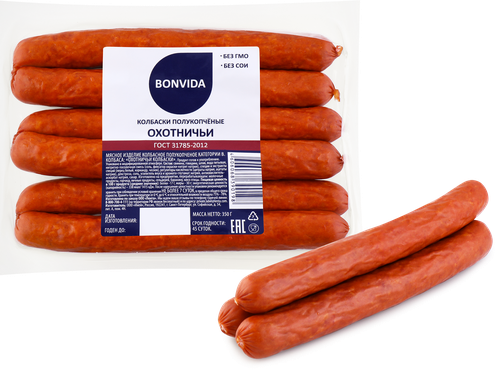 

Колбаски полукопченые BONVIDA Охотничьи 350 г