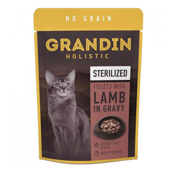 Влажный корм Grandin для стерилизованных кошек, кусочки с ягненком в соусе без злаков