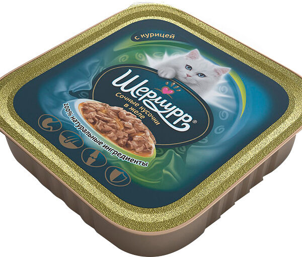 Корм для кошек Шермурр Сочные кусочки мяса с курицей в желе, 100 г