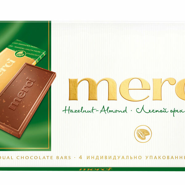 Шоколад молочный Merci с дроблёным лесным орехом и миндалём, 100 г
