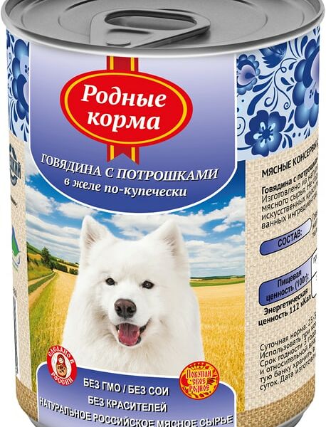 Влажный корм для собак Родные корма Говядина с потрошками в желе по-купечески 970г