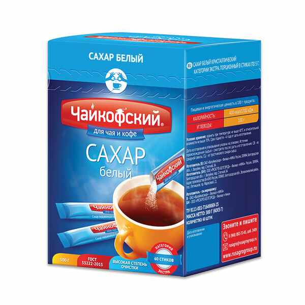 Сахар Чайкофский порционный в стиках белый, 60×5 г