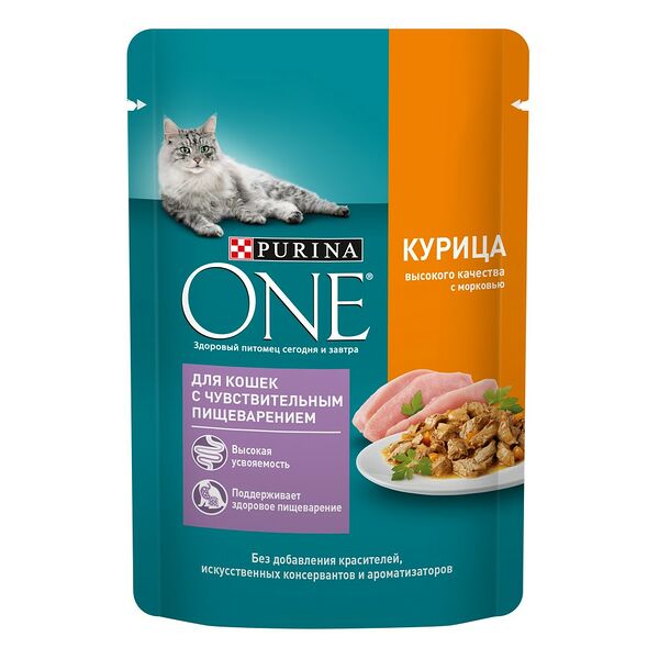 Влажный корм Purina ONE для кошек с чувствительным пищеварением, с курицей и морковью 75г