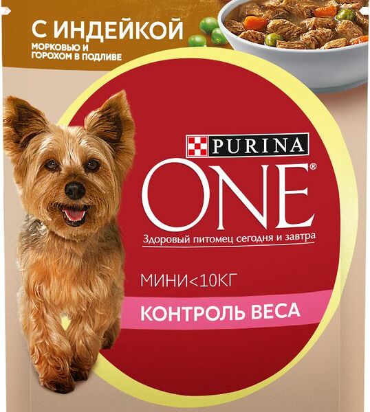 Корм влажный Purina One Mini с индейкой, морковью и горохом для взрослых собак мелких пород при склонности к набору веса 85г