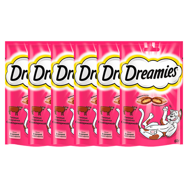 Лакомство для кошек DREAMIES лакомые подушечки с говядиной 60г (упаковка - 6 шт)