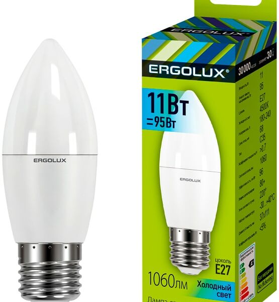 Лампа Ergolux светодиодная LED C35 11W E27 4K
