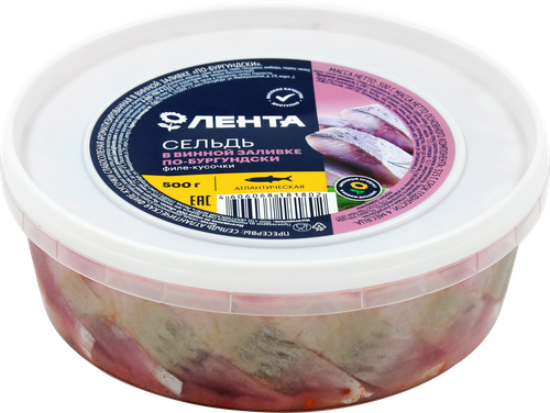 

Сельдь Лента По-бургундски филе-кусочки в розовом вине 500 г