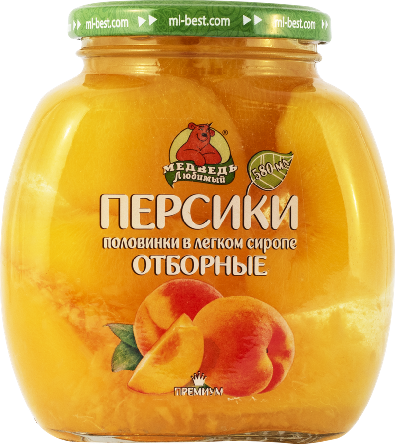 

Персики отборные Медведь любимый половинки в легком сиропе 580 мл