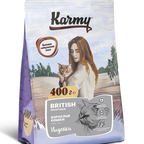 Karmy British Shorthair Adult сухой корм для взрослых кошек породы британская короткошерстная Индейка