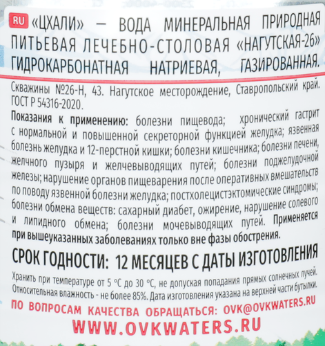 

Вода минеральная Цхали Нагутская №26 природная лечебно-столовая газированная 1 л