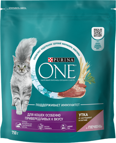 

Сухой корм Purina One полнорационный для кошек особенно привередливых к вкусу с высоким содержанием утки и c печенью 750 г