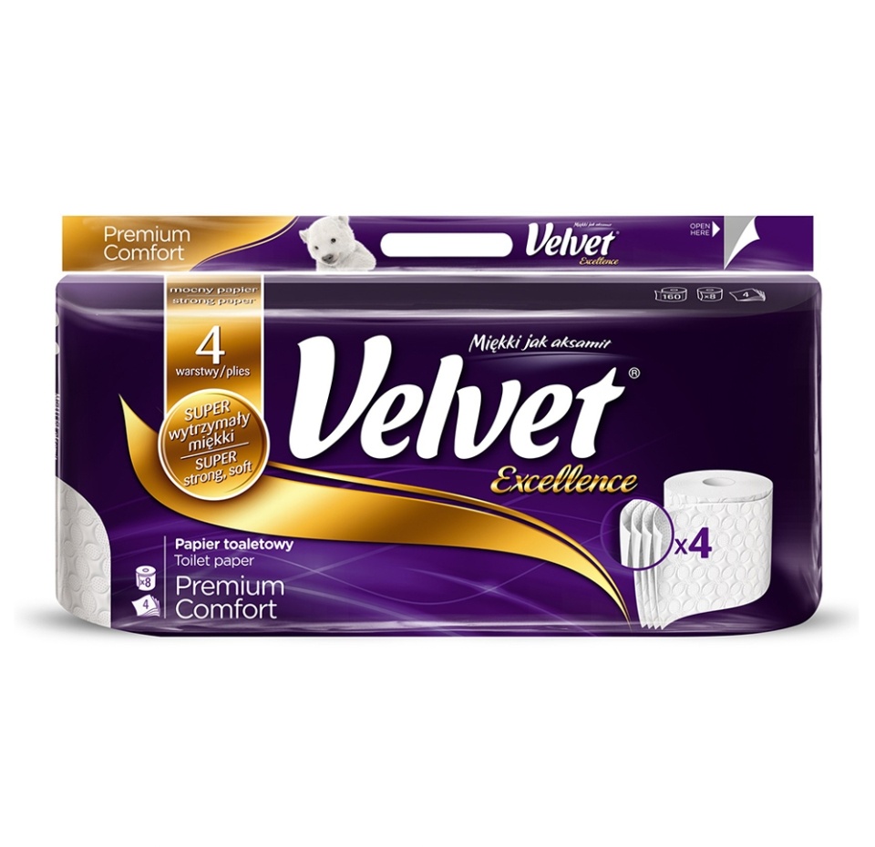 

Туалетная бумага Velvet Excellence четырехслойная, 8 рулонов