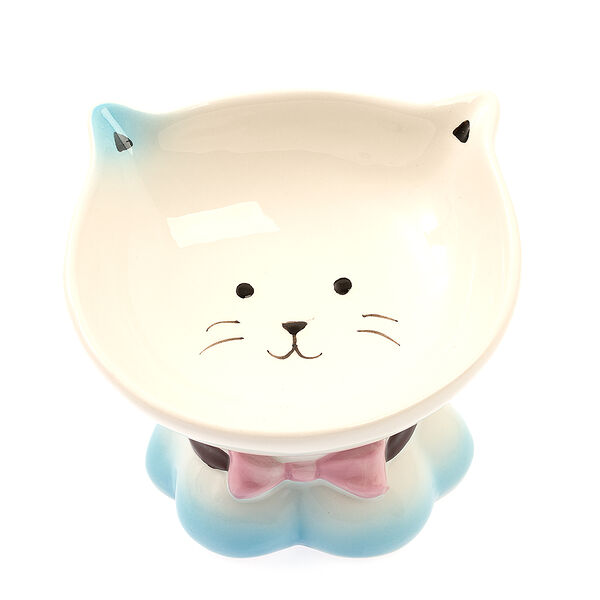 Миска для кошек на ножке с ушками голубая 13,5см