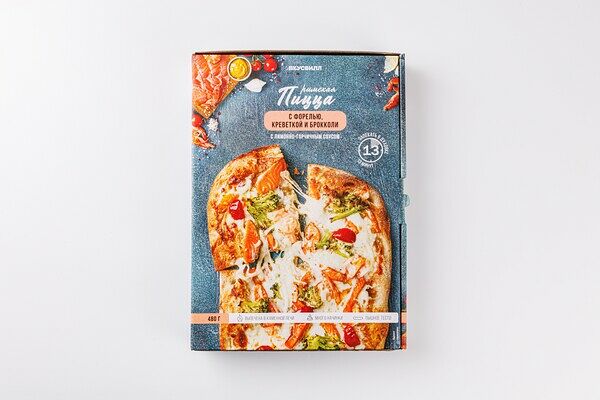 Пицца с форелью, креветкой и брокколи с лимонно-горчичным соусом, замороженная