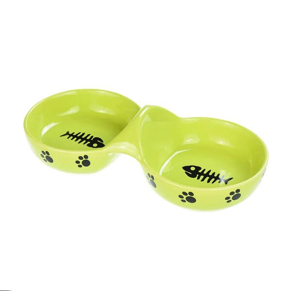 Миска для кошек двойная с рис. Рыбья Кость 24см зеленая керамика