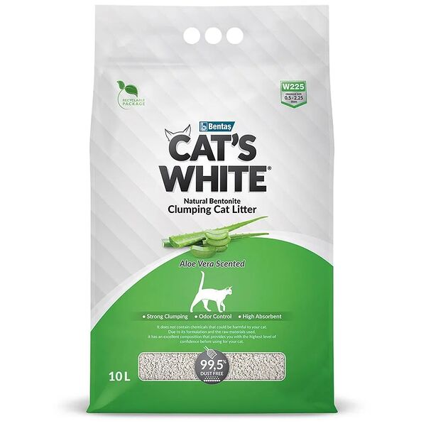 Наполнитель для кошачьего туалета Cats White Aloe Vera минеральный, комкующийся с ароматом алоэ вера 10 л, 8.5 кг