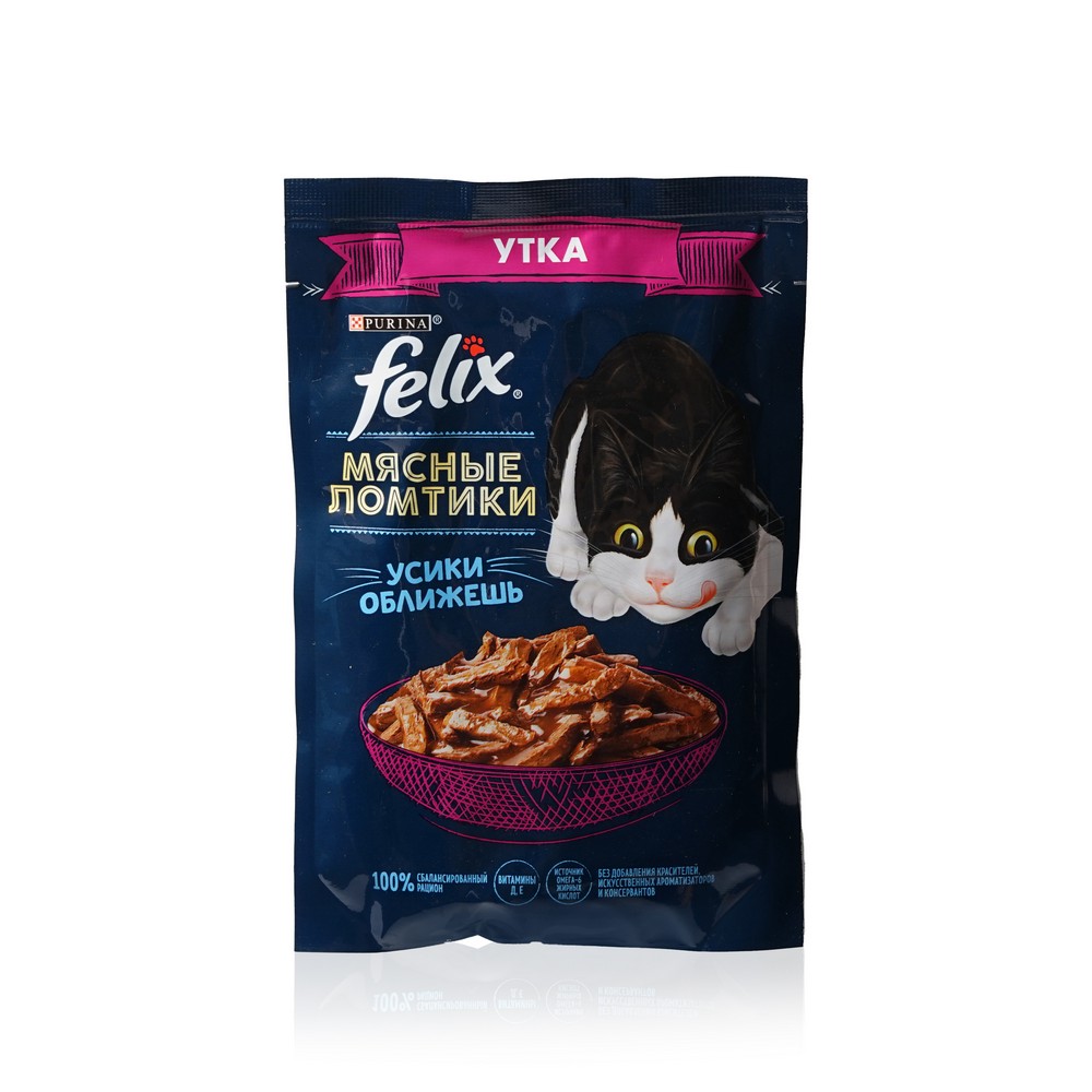 

Корм Felix Мясные ломтики консервированный полнорационный для взрослых кошек с уткой 75 г
