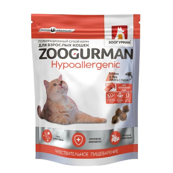 Корм для кошек сухой Зоогурман Hypoallergenic Лосось с рисом, 350 г