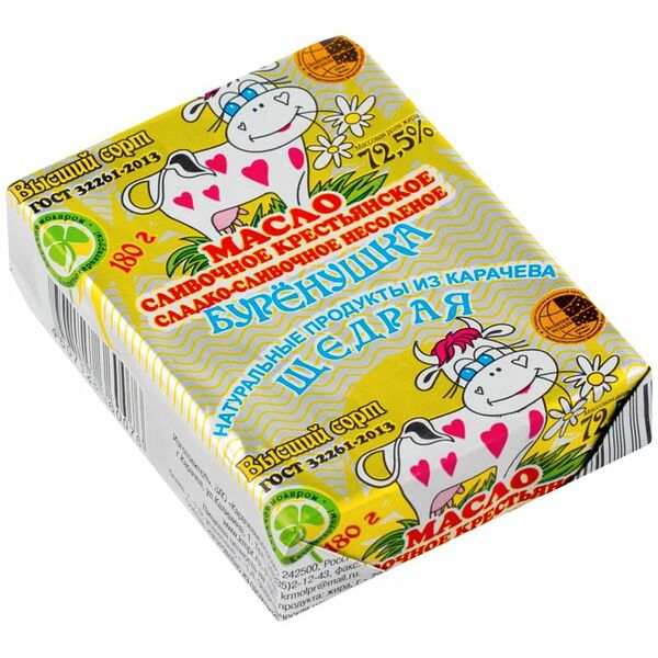 Масло сладко-сливочное Щедрая Буренушка крестьянское 72.5%