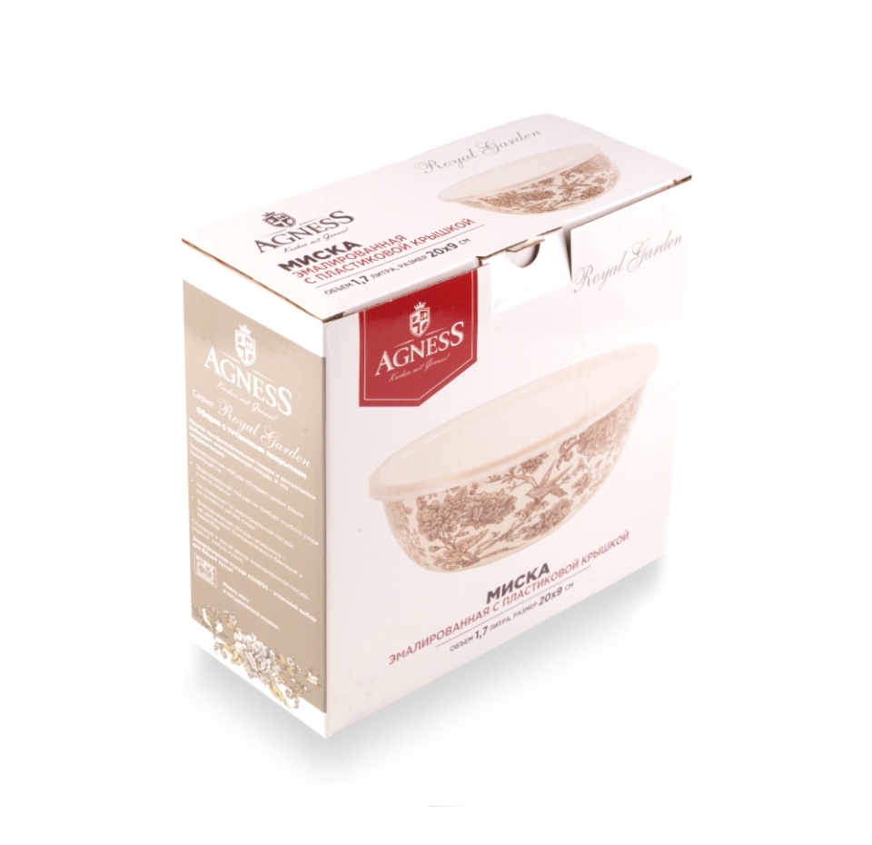 

Миска Agness эмалированная с пластиковой крышкой, серия royal garden 20 х 9 см / 1,7л, Турция