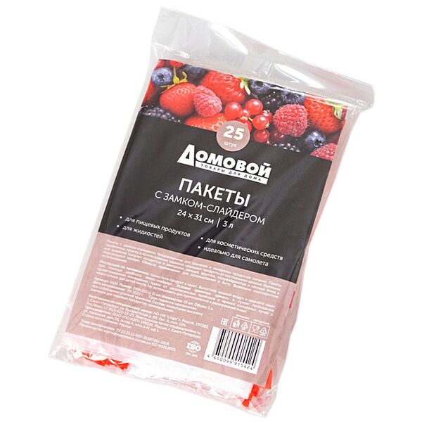 Пакет для хранения и заморозки продуктов с застежкой Домовой, 3 л, 24х31 см, 25 шт