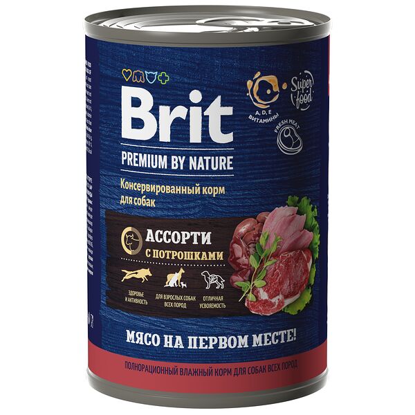 Корм влажный Brit Premium By Nature для взрослых собак ассорти с потрошками